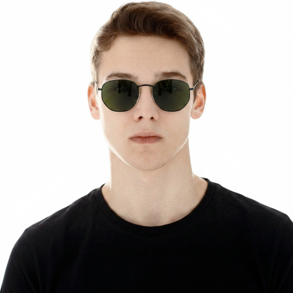 Euglasses Coward hexagonal metal frame sunglasses with green G15 lenses and UV400 protection.