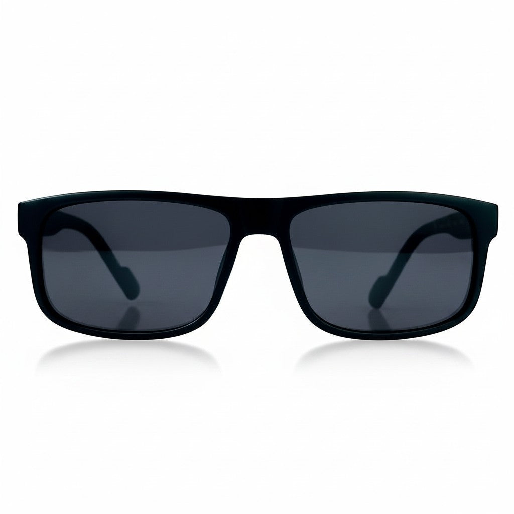 Euglasses Lockus matte black rectangular TR90 sunglasses with polarized UV400 lenses and subtle metal detail.