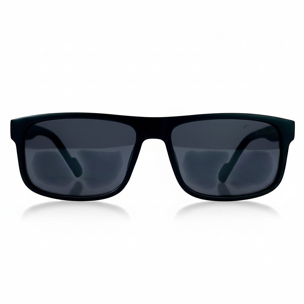 Euglasses Lockus matte black rectangular TR90 sunglasses with polarized UV400 lenses and subtle metal detail.