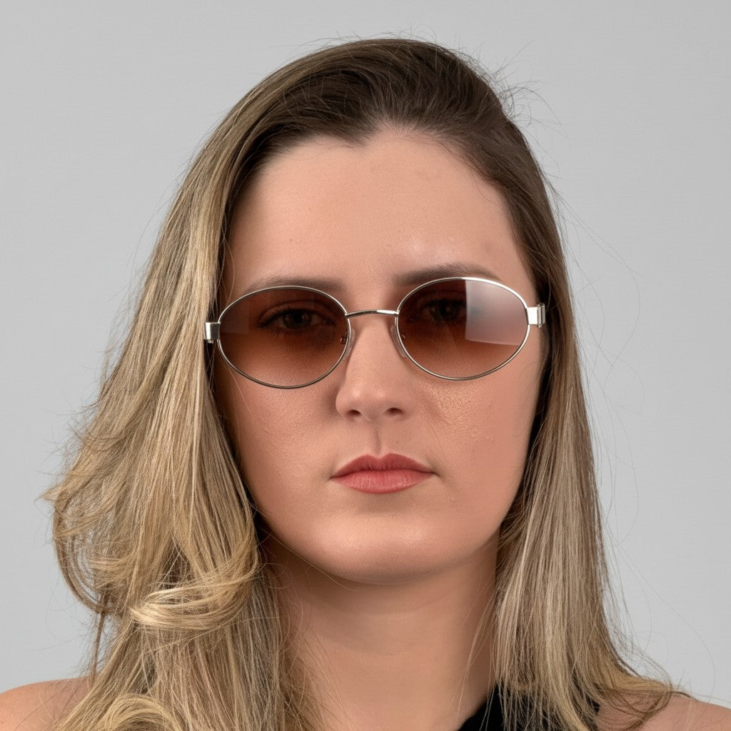 Euglasses Artemis oval metal sunglasses with gradient brown lenses and unique diamond-shaped detail on temples.