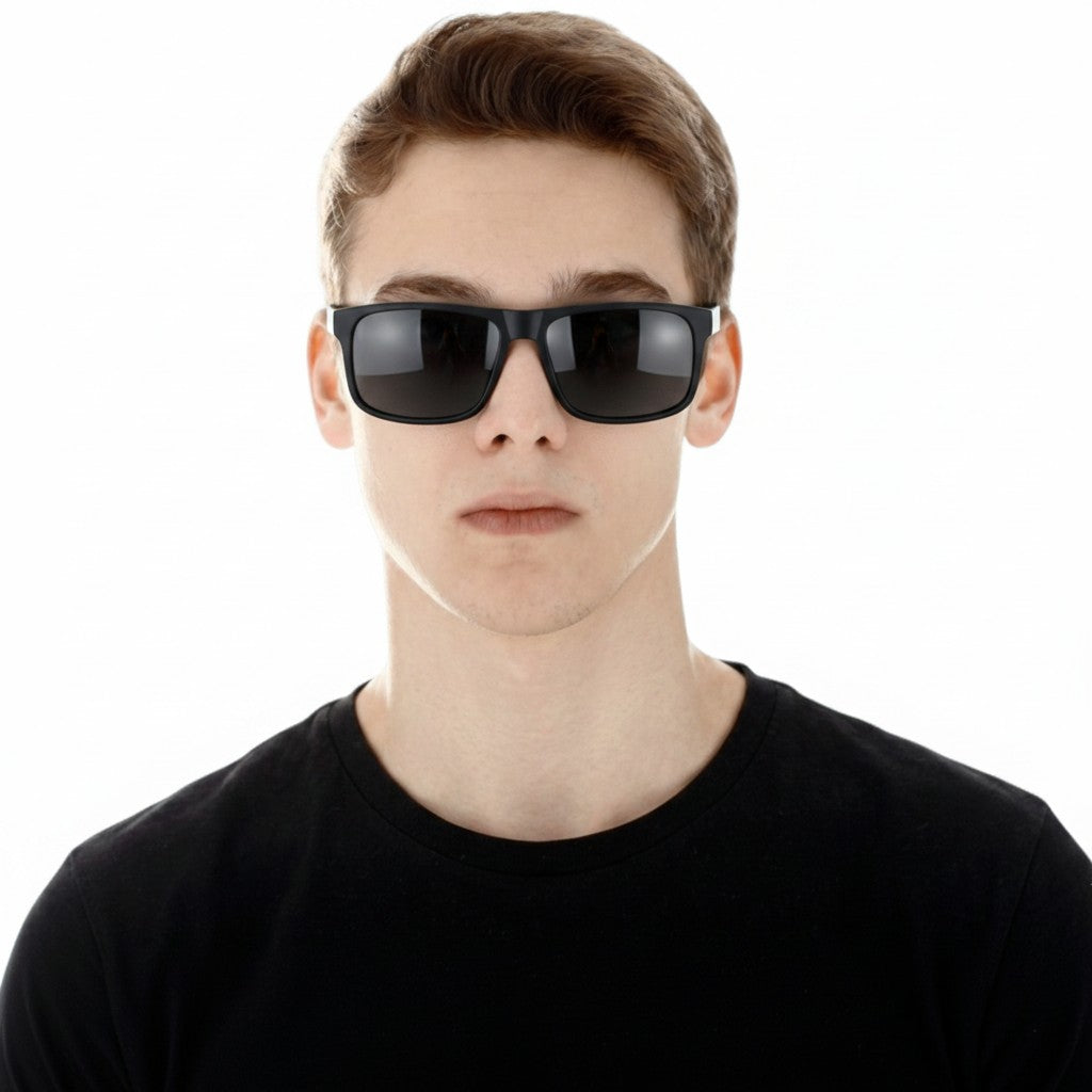 Euglasses Lockus matte black TR90 rectangular sunglasses with dark polarized lenses and subtle metal detail.
