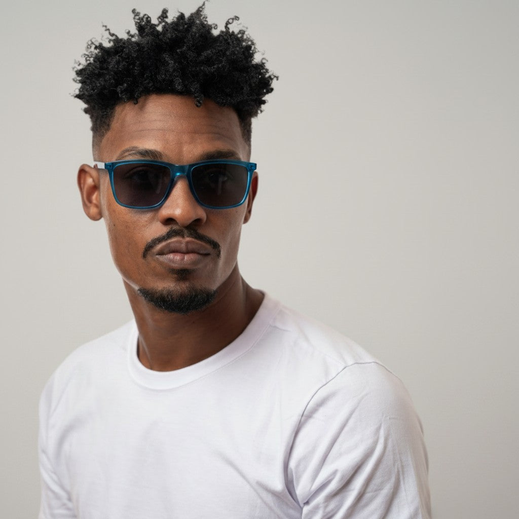 Euglasses men's large blue TR90 frame rectangular sunglasses with polarized UV400 lenses.