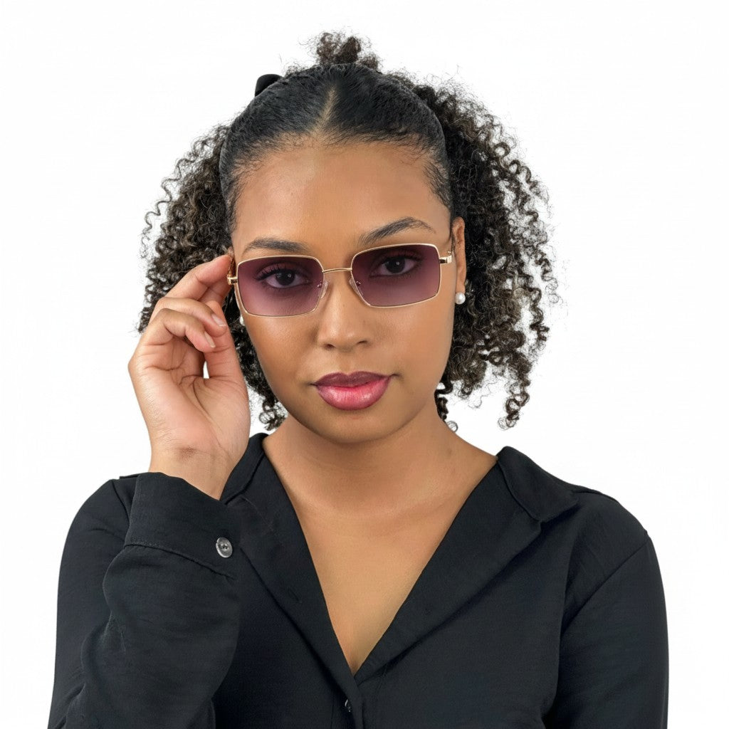 Euglasses Deméter rectangular metal sunglasses with gradient purple lenses and gold frame.