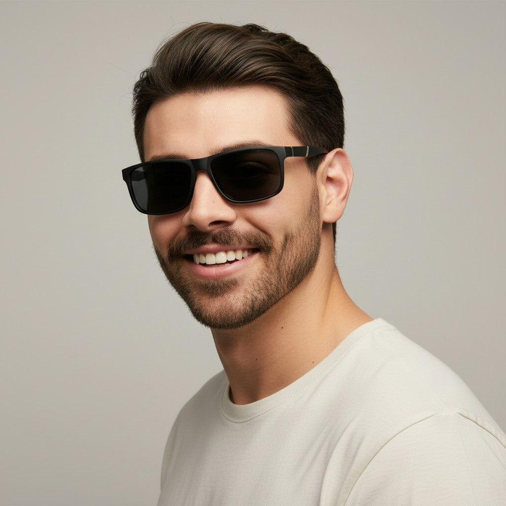 Euglasses Lockus black TR90 rectangular sunglasses with polarized UV400 lenses and subtle metallic detail on temples.