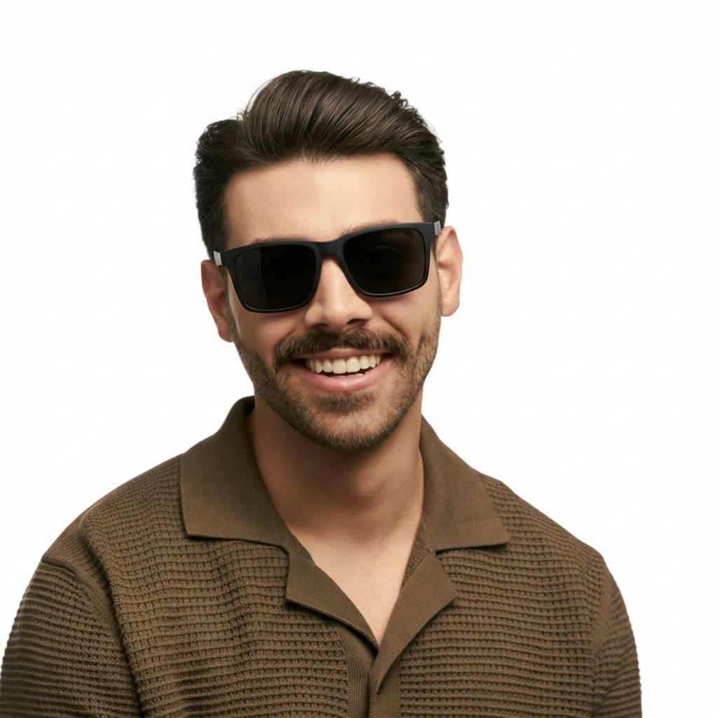 Euglasses Lockus black TR90 rectangular sunglasses with polarized UV400 lenses and metallic detail on temples.