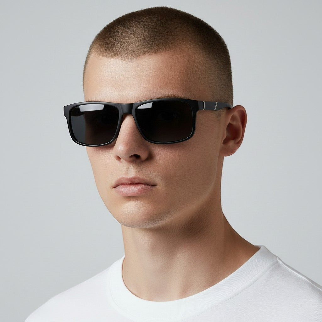 Euglasses Lockus black TR90 rectangular sunglasses with polarized UV400 lenses and metallic side detail.