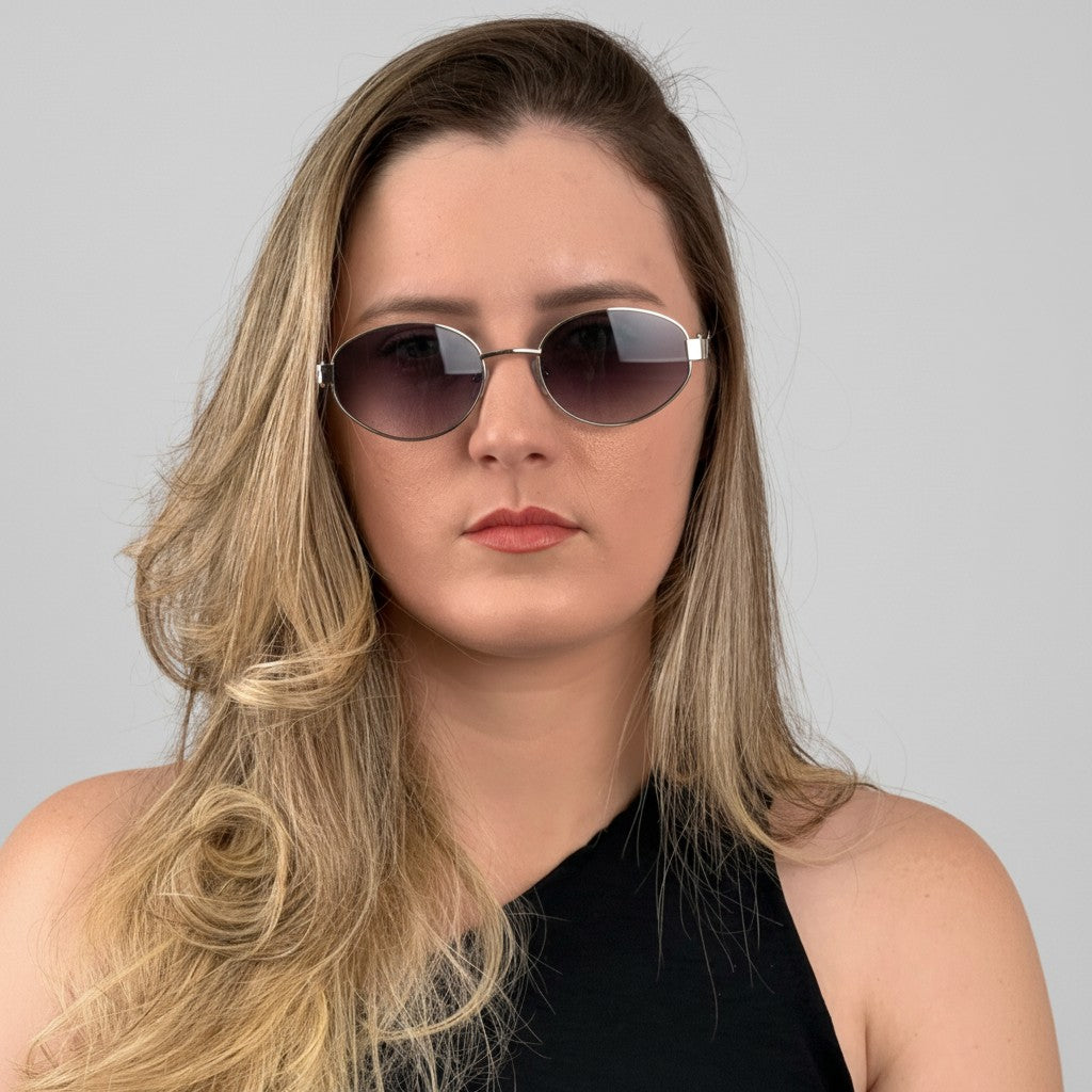 Euglasses Artemis oval sunglasses with silver metal frame and gradient purple lenses. Features a unique diamond-shaped cutout on the temples.